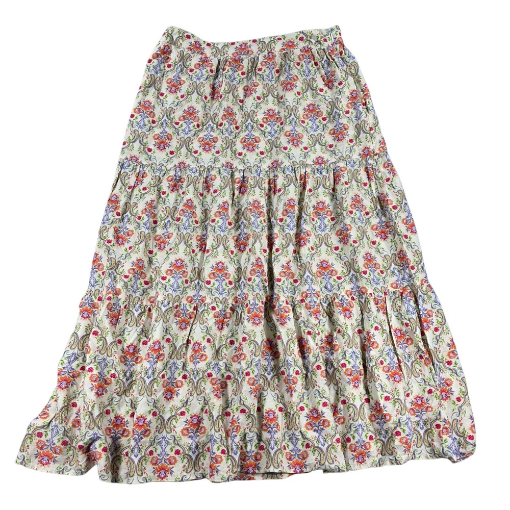 Cynthia Rowley Floral Paisley Tiered Midi Skirt White Orange Medium Womens Boho
